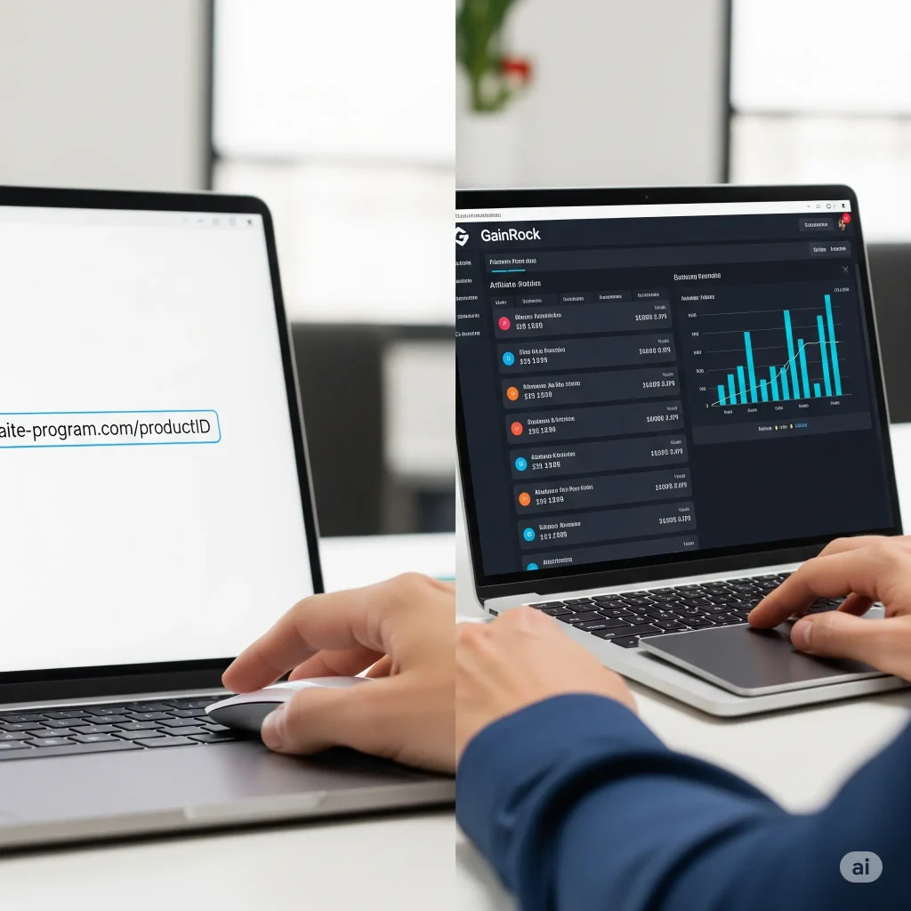 A professional image with a split screen, one side showing a single, generic affiliate link on a screen and the other side showing the GainRock dashboard with multiple links and a bar chart, visually representing the 'single platform' advantage