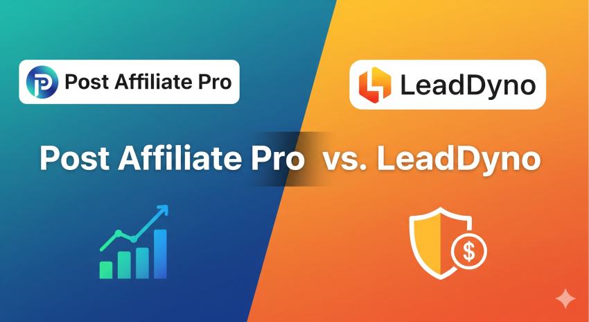 A split-screen graphic comparing Post Affiliate Pro and LeadDyno with their logos and key feature icons.
