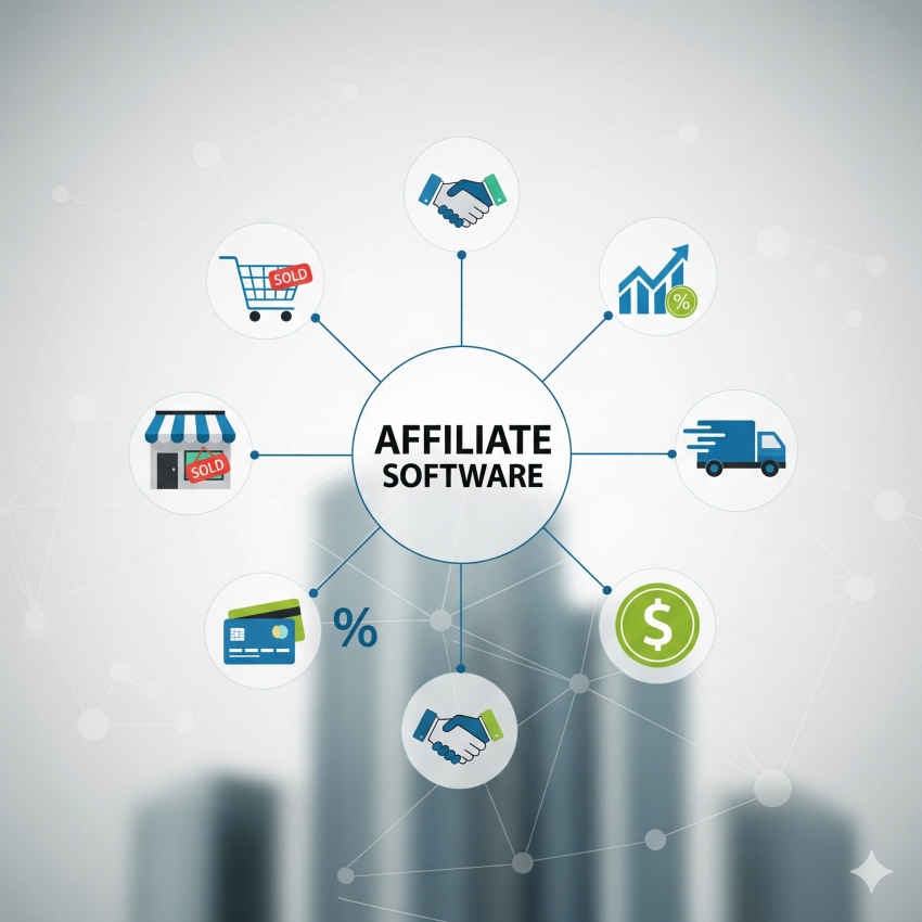 A conceptual diagram of affiliate software acting as a central hub connecting various e-commerce and marketing icons like shopping carts, storefronts, and partnership handshakes.