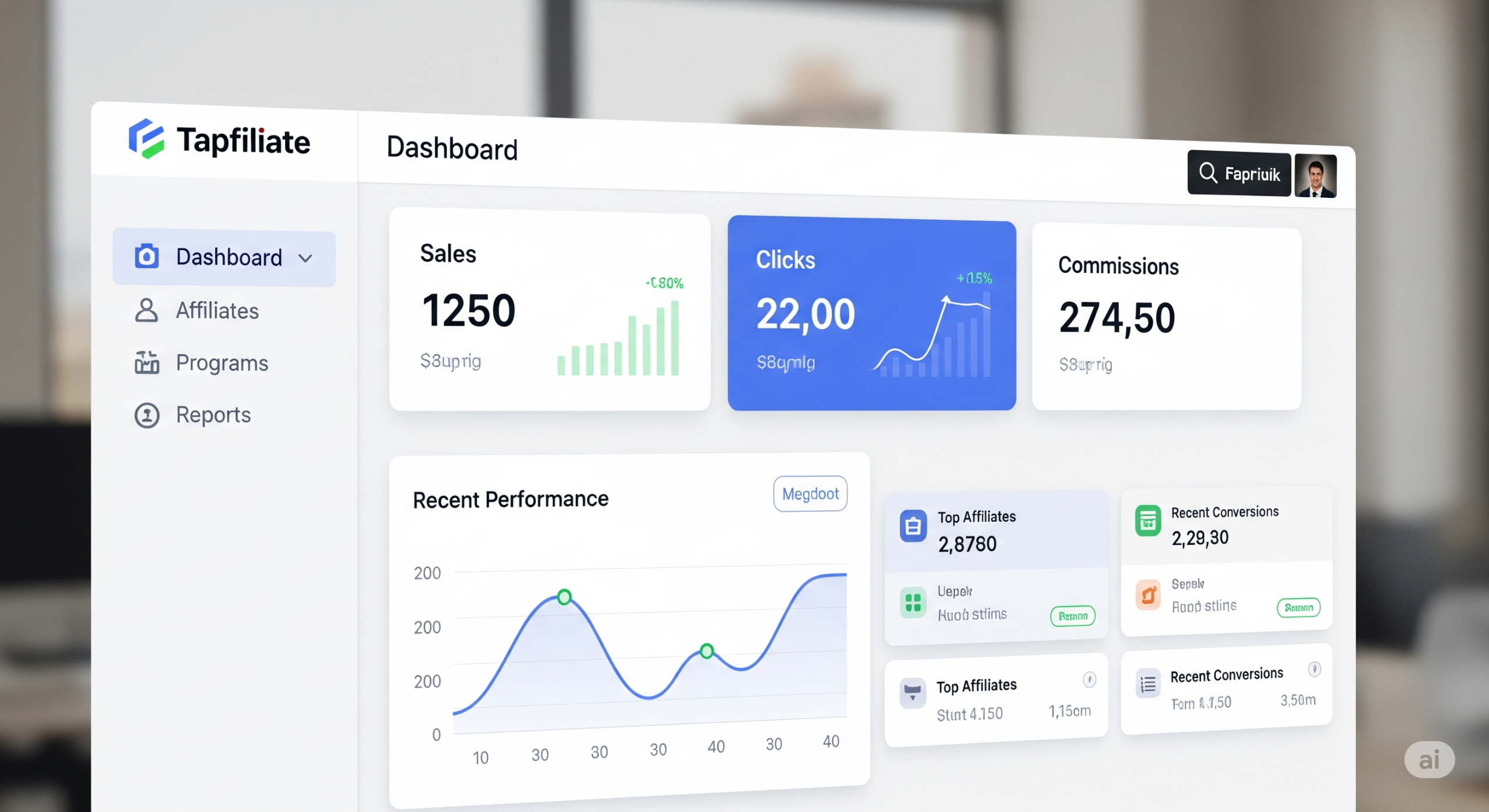 A screenshot of the Tapfiliate dashboard showing a user-friendly interface with reporting data.