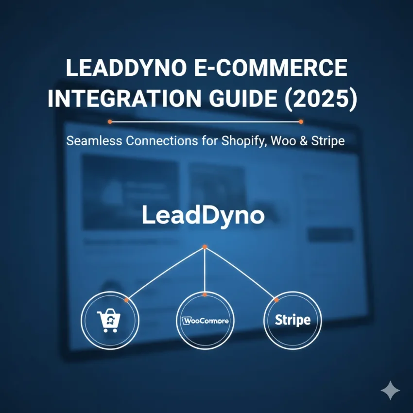A graphic for the LeadDyno E-commerce Integration Guide 2025, showing the LeadDyno logo connected to Shopify, WooCommerce, and Stripe.