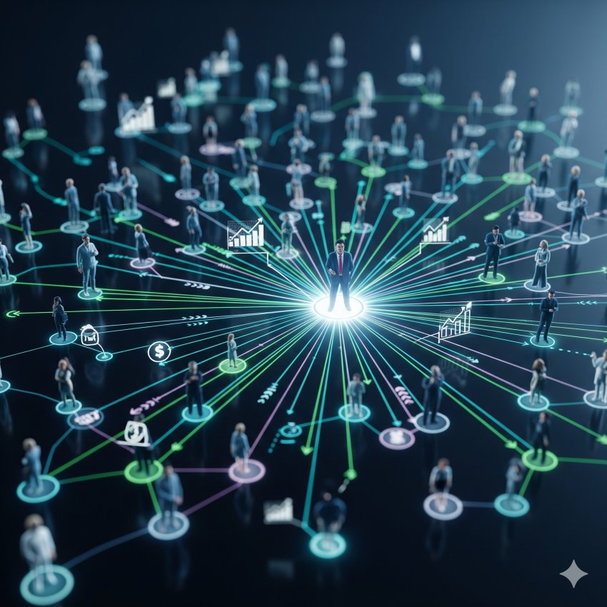 A professional, sleek image of a network of business people connected by glowing digital lines, symbolizing affiliate marketing and business growth, with a focus on technology and collaboration.
