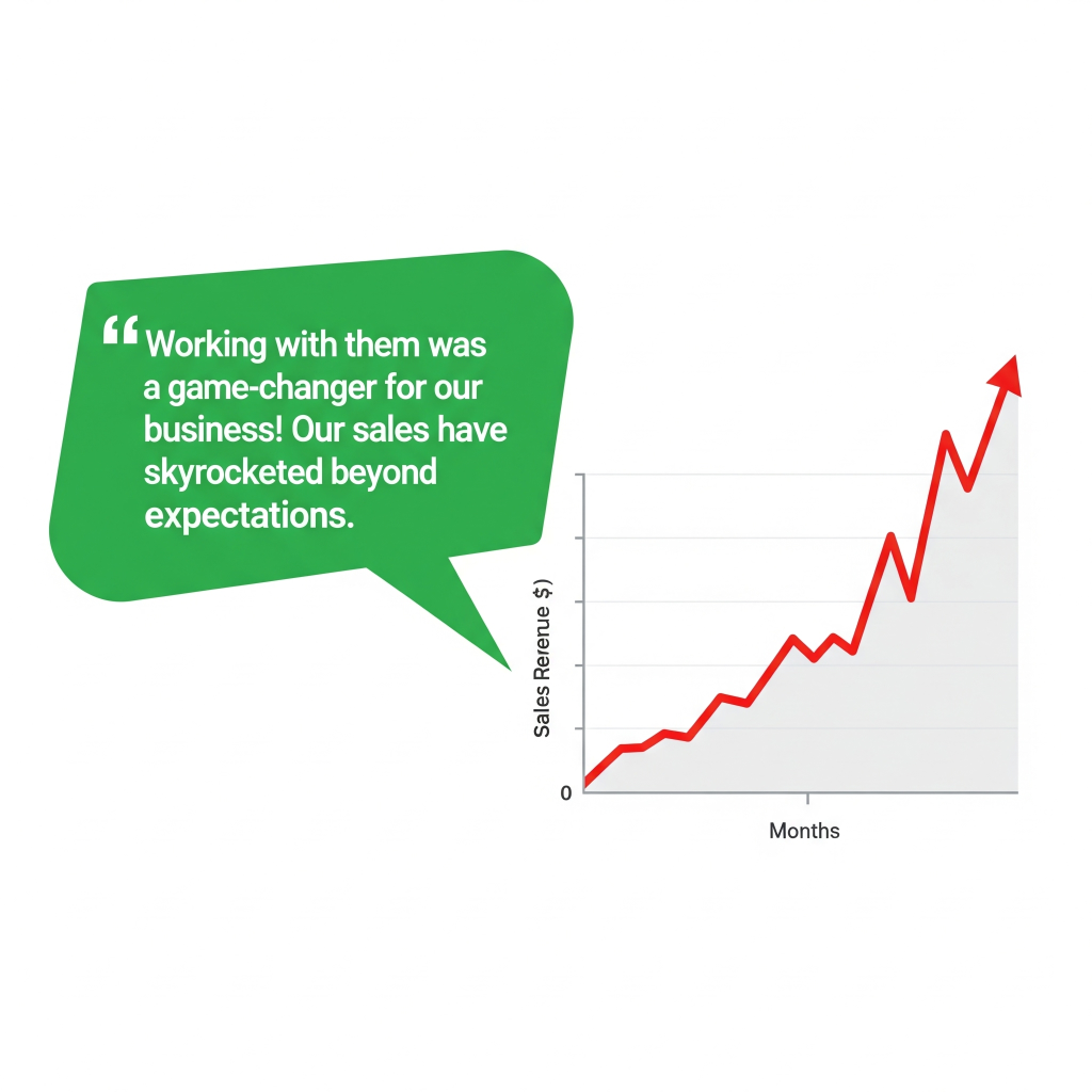 Testimonial bubble next to a graph showing increasing sales.