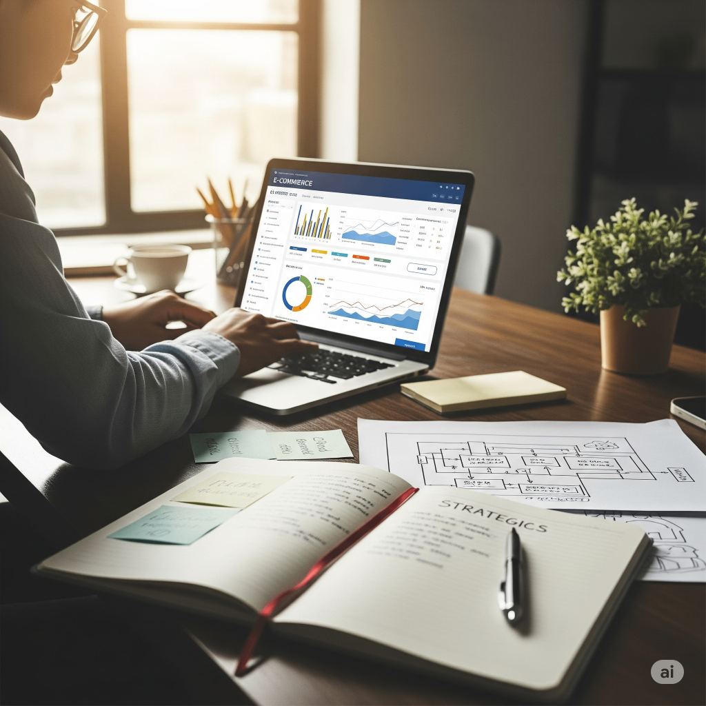 A photo of an entrepreneur working on an e-commerce dashboard and a strategic blueprint for business growth.