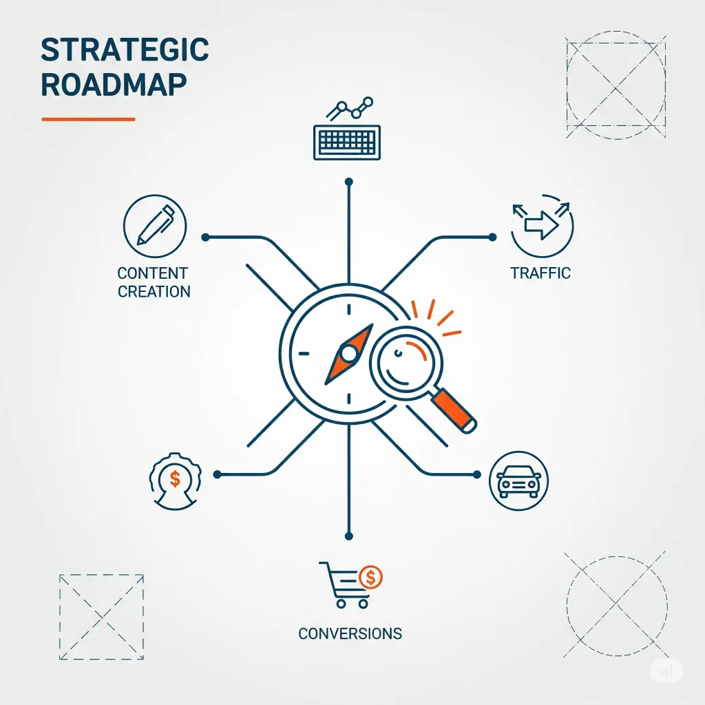 A graphic representing a strategic roadmap for affiliate marketing, with icons for content creation, traffic, and conversions.