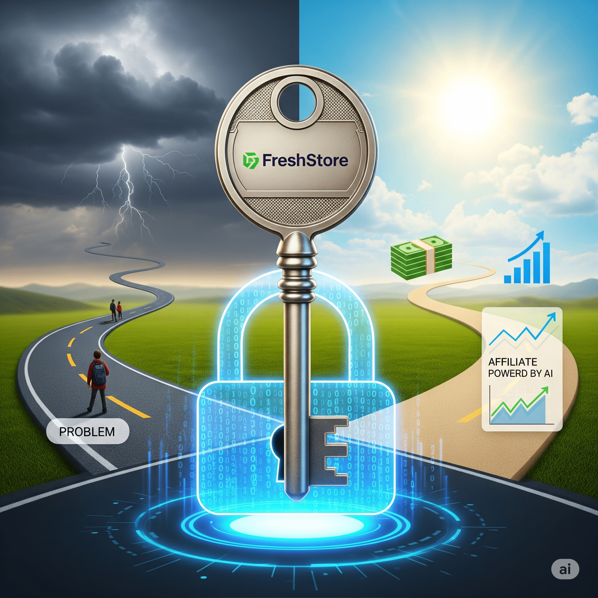 A graphic showing a key unlocking a successful path, symbolizing FreshStore's solution to affiliate marketing problems.