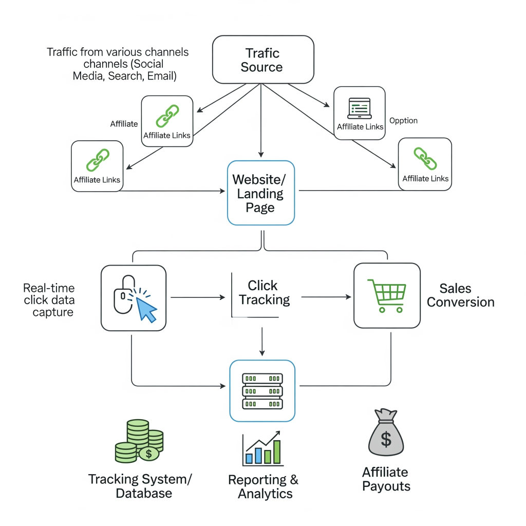 A visual representation of how Post Affiliate Pro tracks affiliate sales from click to commission.