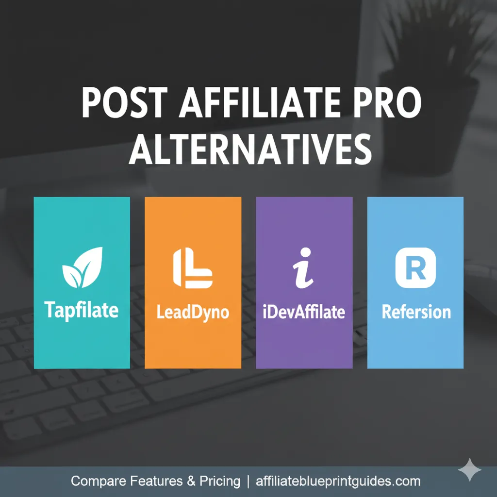 Graphic displaying logos of Post Affiliate Pro alternatives including Tapfiliate, LeadDyno, iDevAffiliate, and Refersion