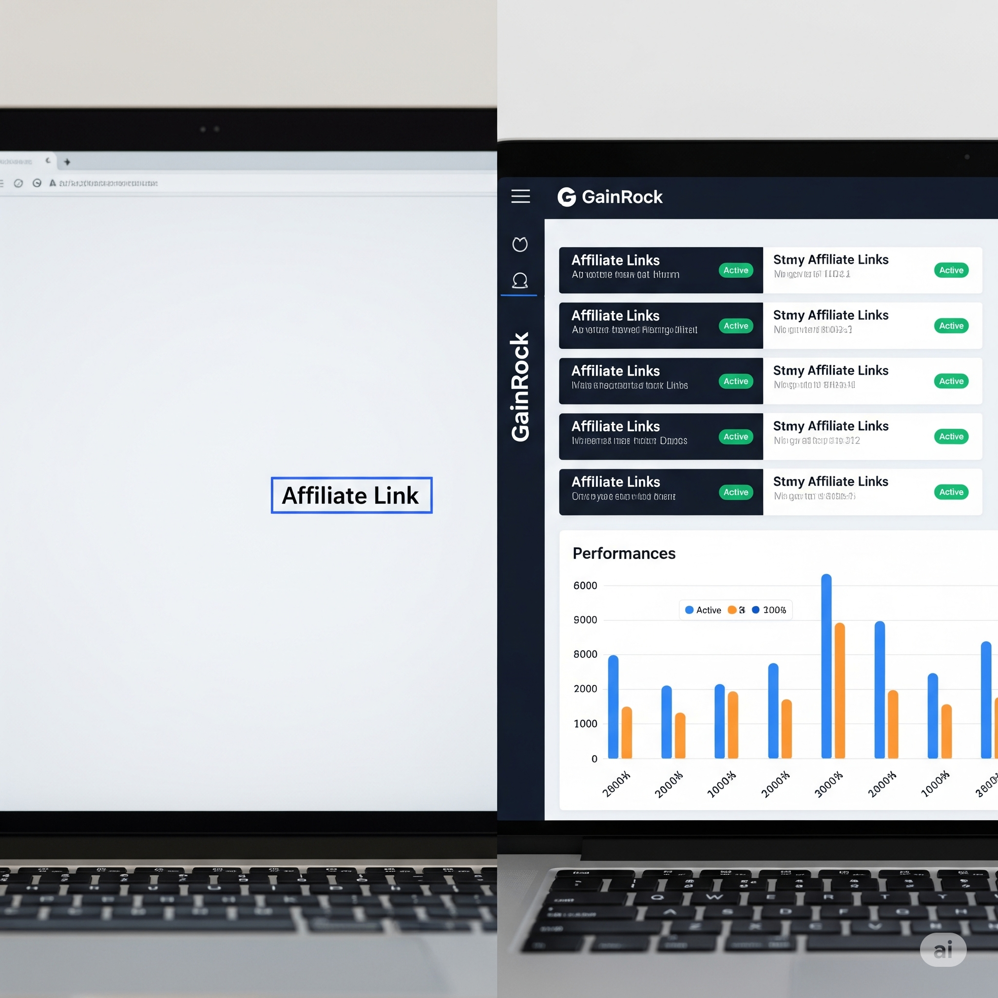 A professional image with a split screen, one side showing a single, generic affiliate link on a screen and the other side showing the GainRock dashboard with multiple links and a bar chart, visually representing the "single platform" advantage.