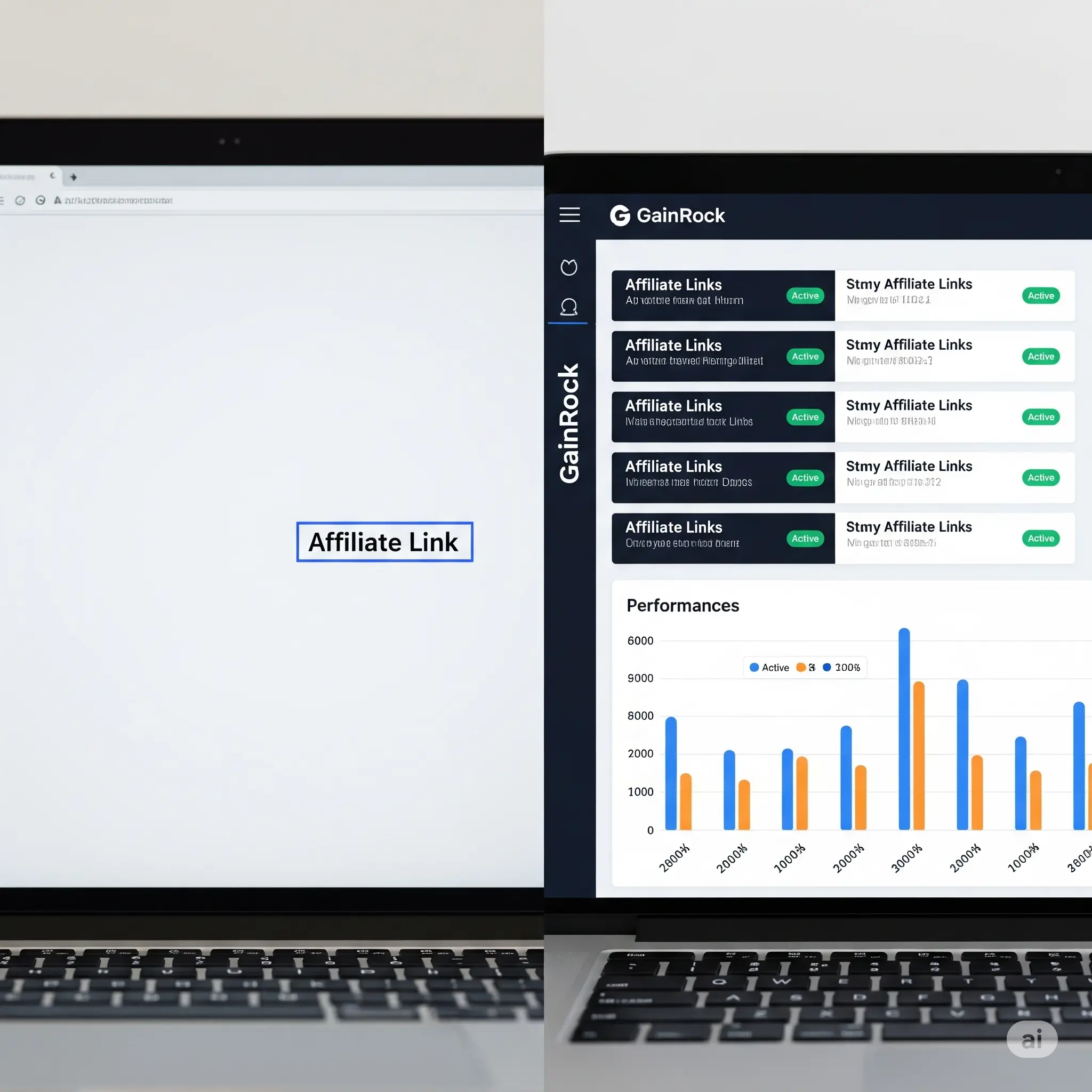 A professional image with a split screen, one side showing a single, generic affiliate link on a screen and the other side showing the GainRock dashboard with multiple links and a bar chart, visually representing the "single platform" advantage.