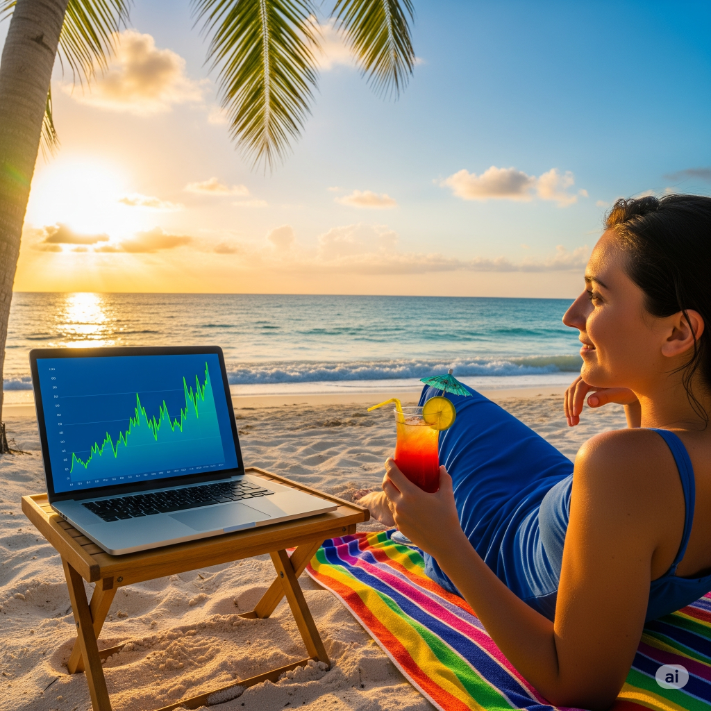 Person enjoying a vacation while their affiliate store runs automatically.