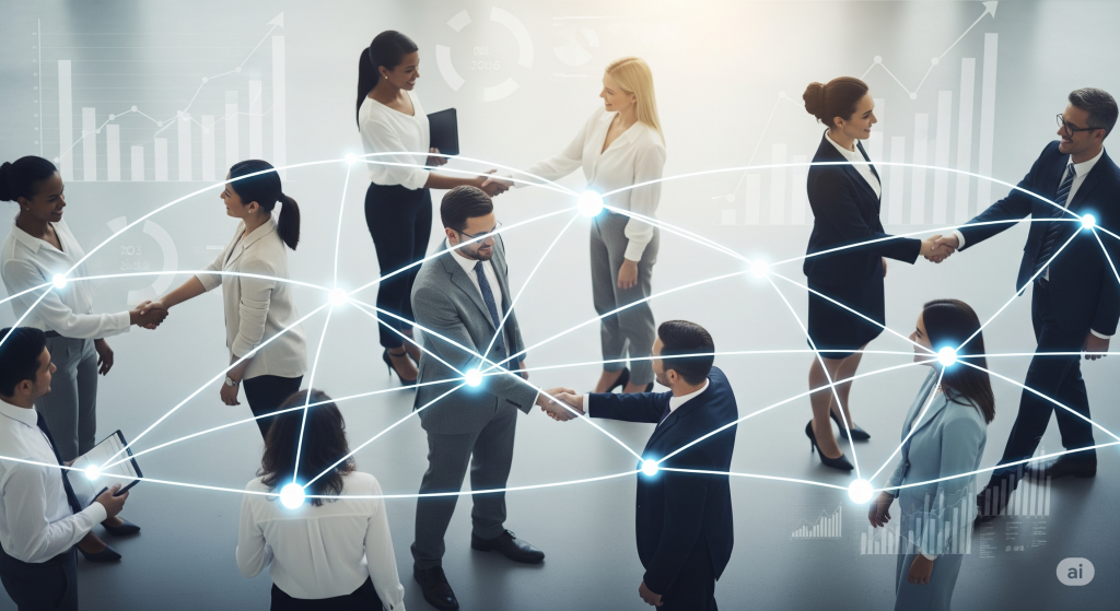 An AI-generated image showing business partnerships thriving due to seamless software integration