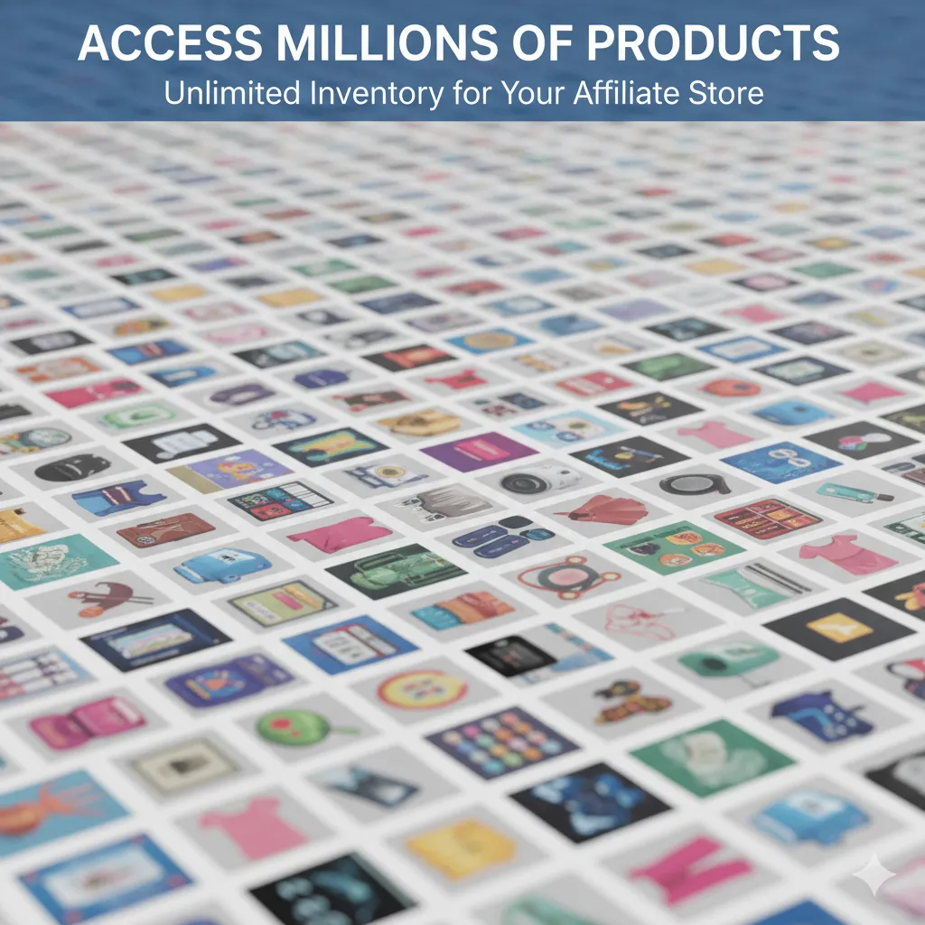 A grid of hundreds of diverse product icons, representing access to millions of products for an affiliate store