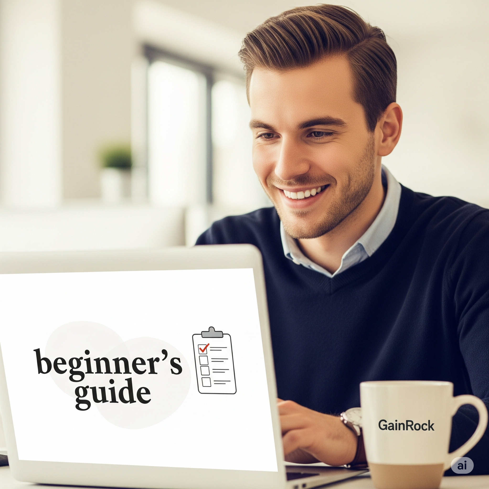 An inviting, professional image of a digital marketer happily working on a laptop, with a subtle 'beginner' theme such as a checklist or guide icon on the screen, and the GainRock logo lightly incorporated into the background or on a mug