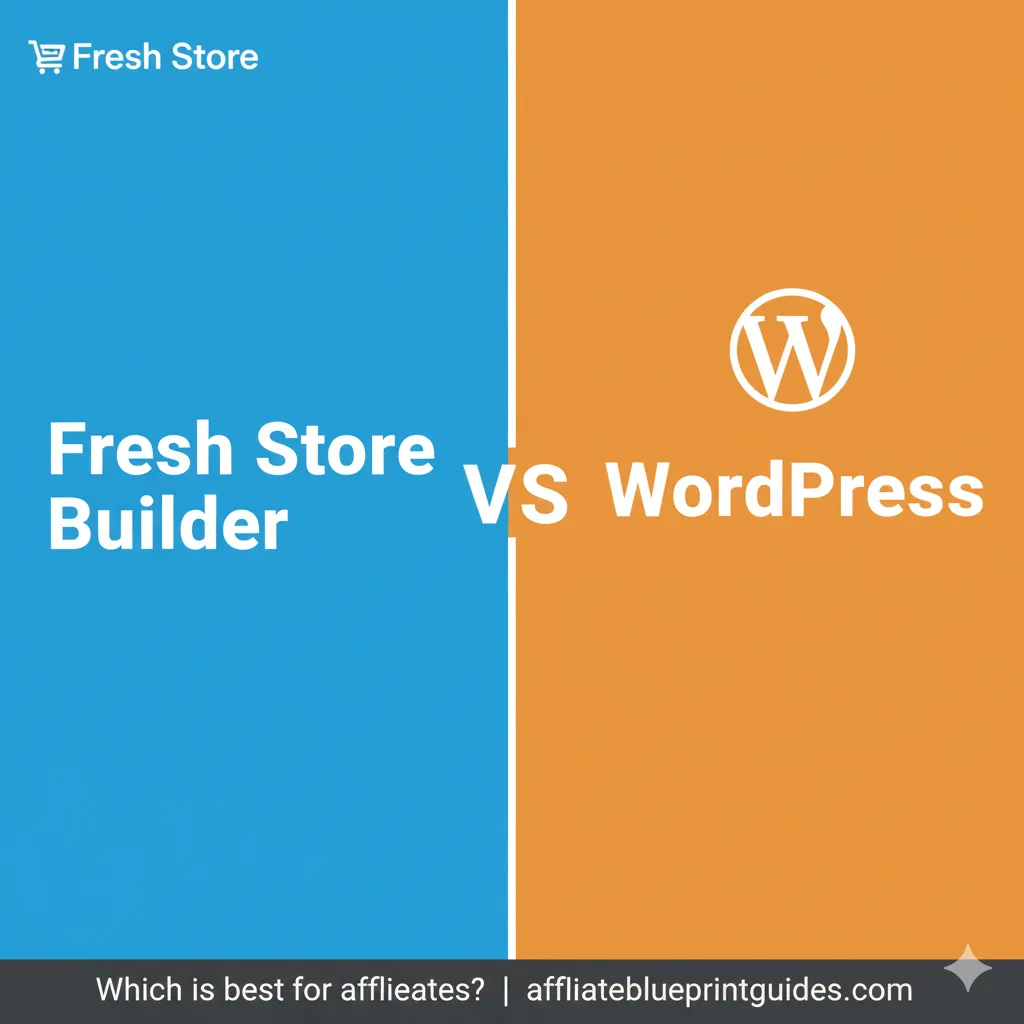 A graphic comparing Fresh Store Builder vs WordPress for affiliate stores.