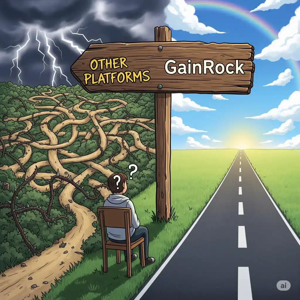 A stylized image showing a single person in a chair (representing a 'beginner') and a road sign with two diverging paths: one messy and confusing (labeled 'Other Platforms') and a second clear and straight path