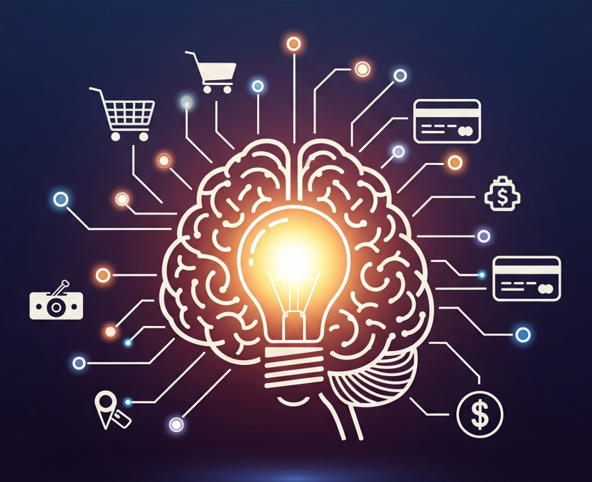 A graphic showing a brain with a lightbulb and interconnected e-commerce symbols, representing FreshStore as a smart, AI-powered solution for building profitable online stores.