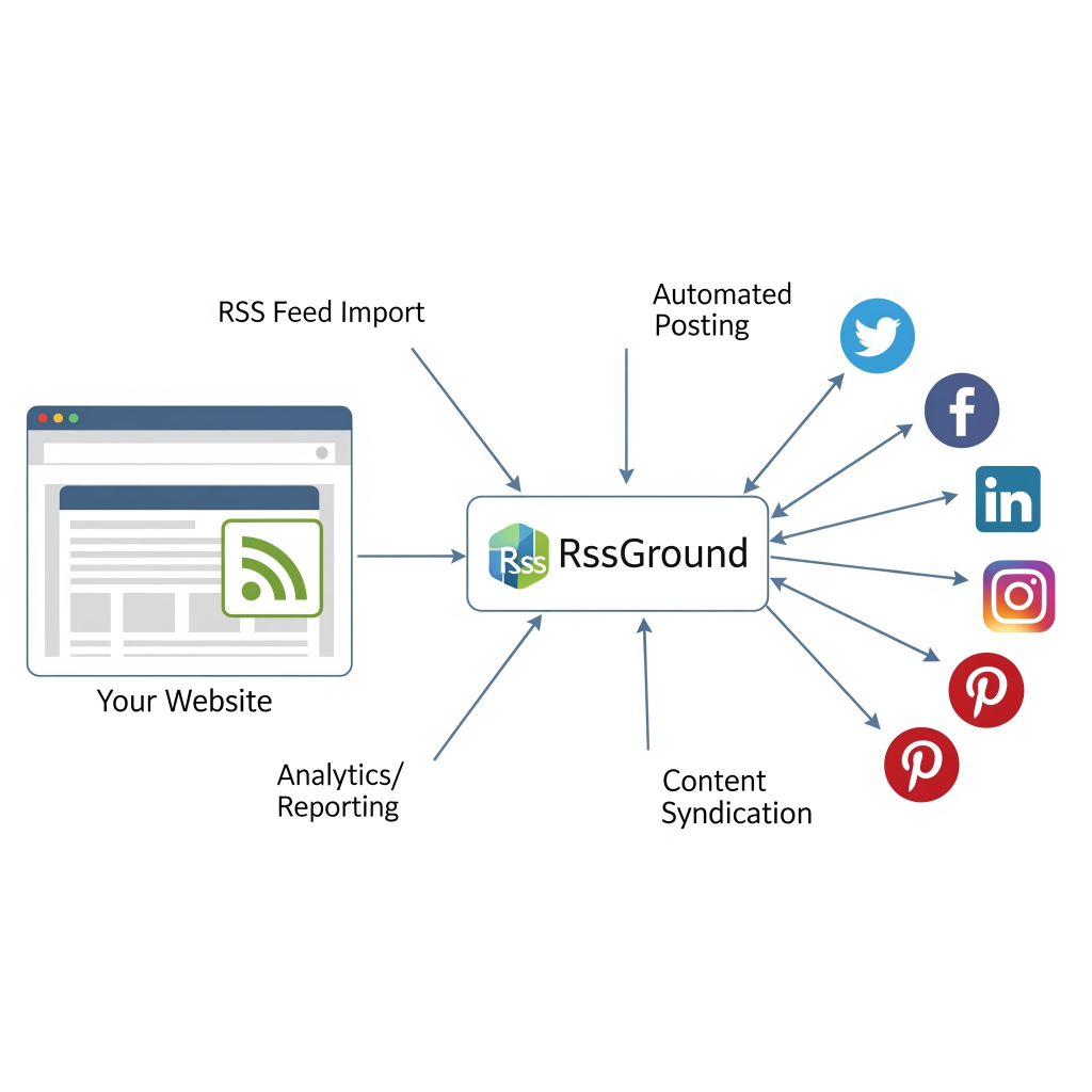 RssGround integration diagram showing connections to social networks and blogs.