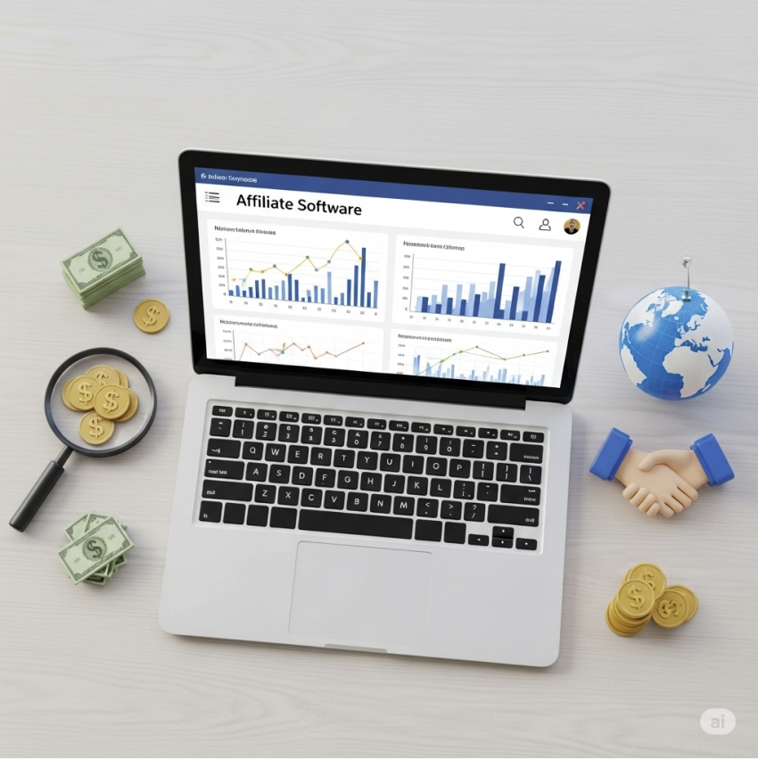 Alt Text: A laptop displaying an affiliate software dashboard surrounded by a magnifying glass, dollar signs, and a handshake icon.