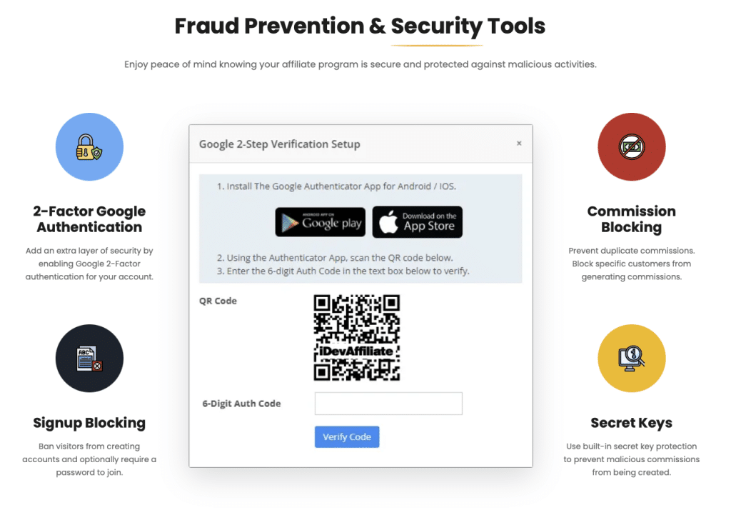 Screenshot showing iDevAffiliate's fraud prevention and security features