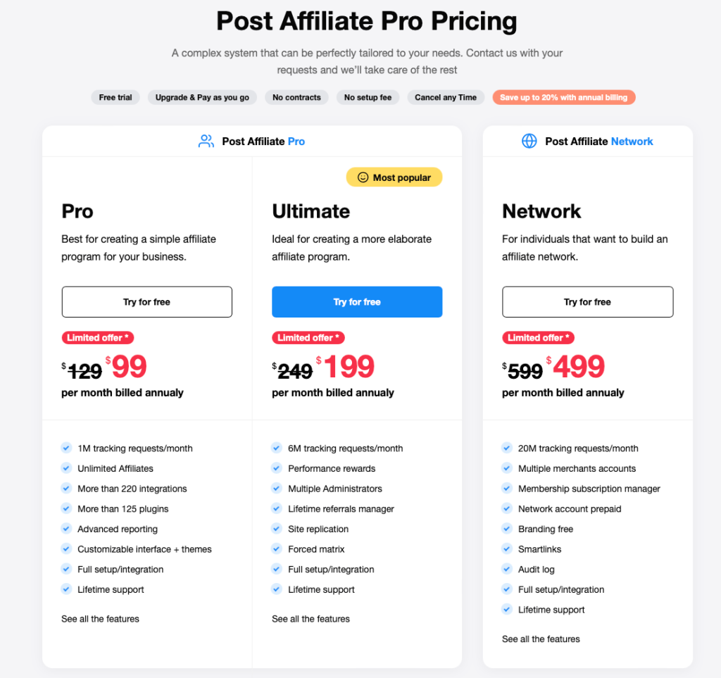 Pricing page for Post Affiliate Pro outlining subscription costs and features.