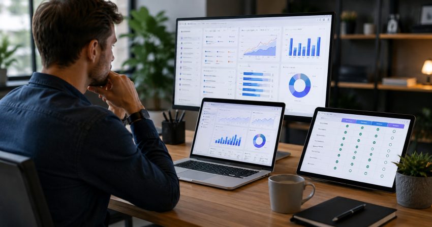 Professional comparing affiliate software platforms and analytics tools for business growth.